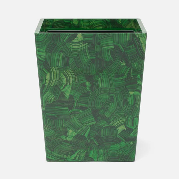 Pigeon & Poodle Porter wastebasket in malachite-print lacquer with swirling green stone pattern.