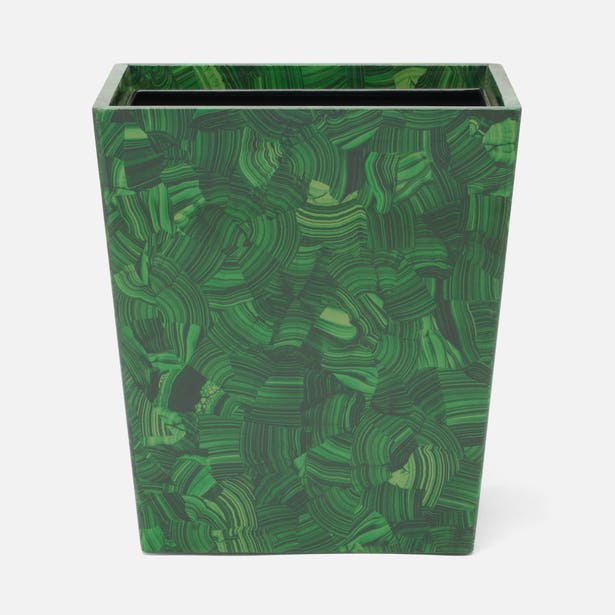 Pigeon & Poodle Porter wastebasket in malachite green swirl pattern, angled view.