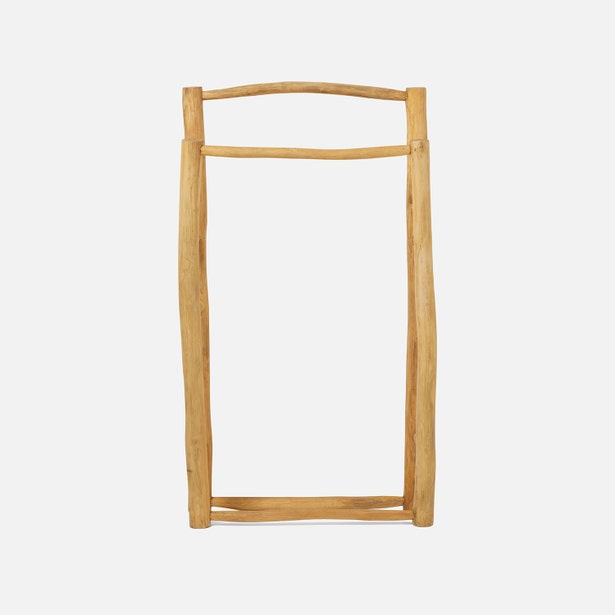 Pigeon & Poodle Provo freestanding teak towel rack, front view on white background.