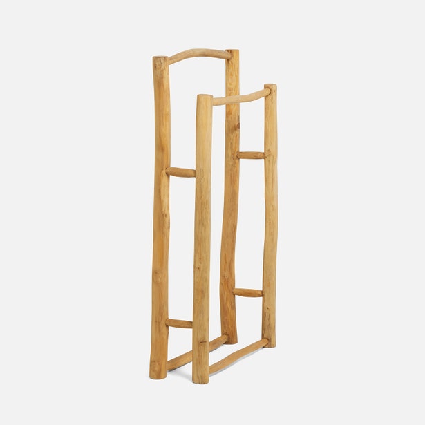 Pigeon & Poodle Provo freestanding teak towel rack, angled view showing natural wood grain.