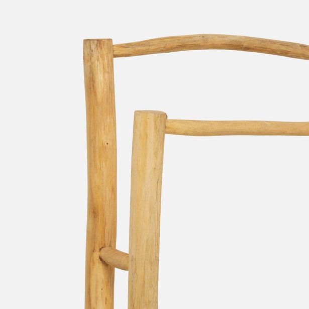 Close-up of Provo freestanding teak towel rack natural wood grain and joinery detail.