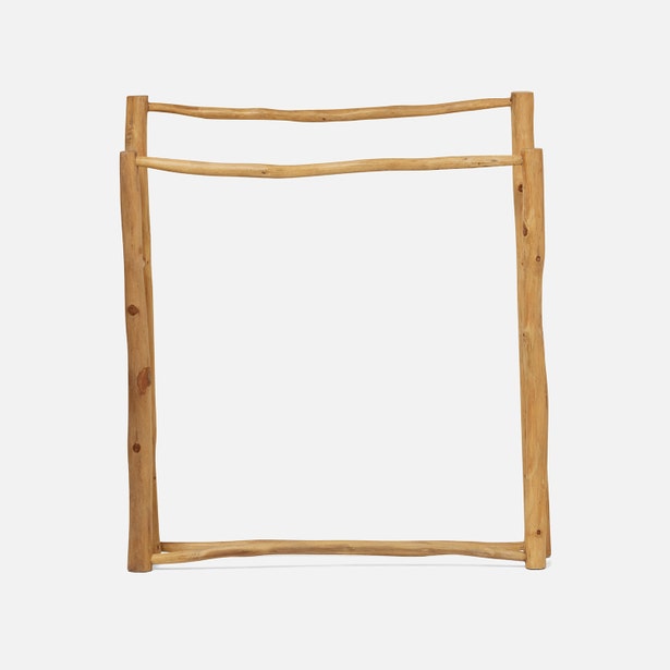 Pigeon & Poodle Provo freestanding teak towel rack with natural branch-style rails.