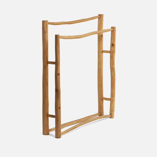 Pigeon & Poodle Provo teak towel rack, three-quarter view showing natural wood grain.