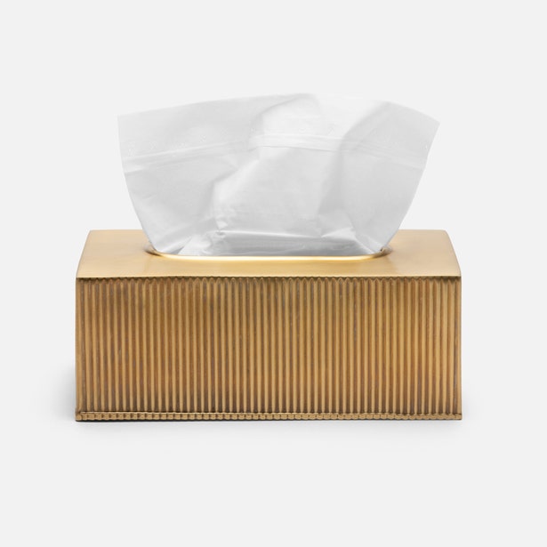 Pigeon & Poodle Redon tissue box in brushed gold with ribbed texture, tissue emerging from top.