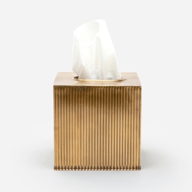 Pigeon & Poodle Redon tissue box in antique brass with vertical ribbed detailing, tissue extended.