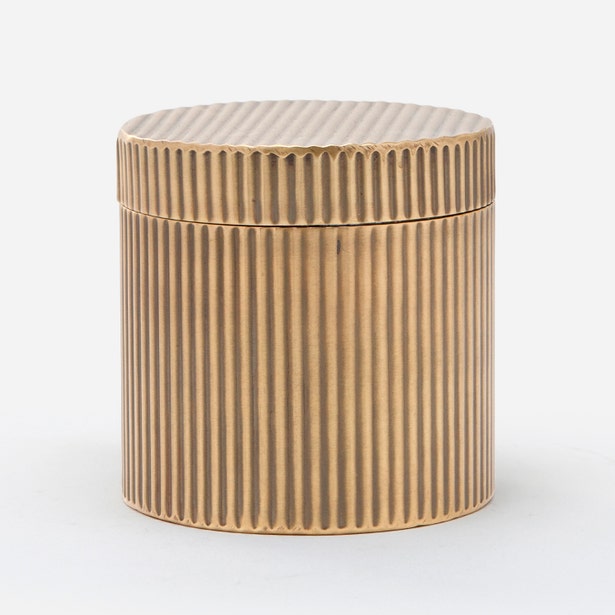 Pigeon & Poodle Redon bath canister in brass with vertical ribbed texture and fitted lid.