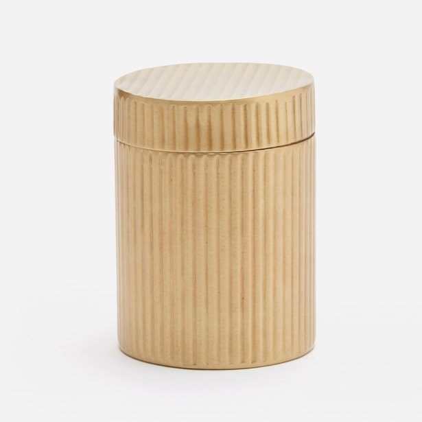 Pigeon & Poodle Redon bath canister in matte gold with vertical ribbed texture.