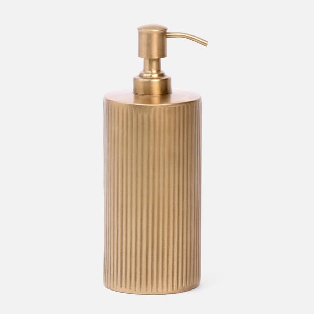 Pigeon & Poodle Redon soap pump in brushed brass with ribbed cylindrical body.