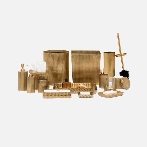 Pigeon & Poodle Redon collection in brushed gold, full bathroom accessories set styled together.