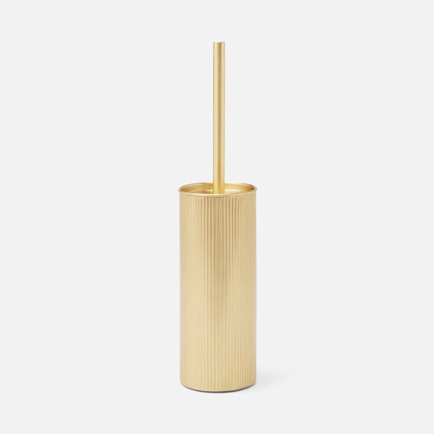 Pigeon & Poodle Redon toilet brush holder in brushed gold with ribbed cylinder design.