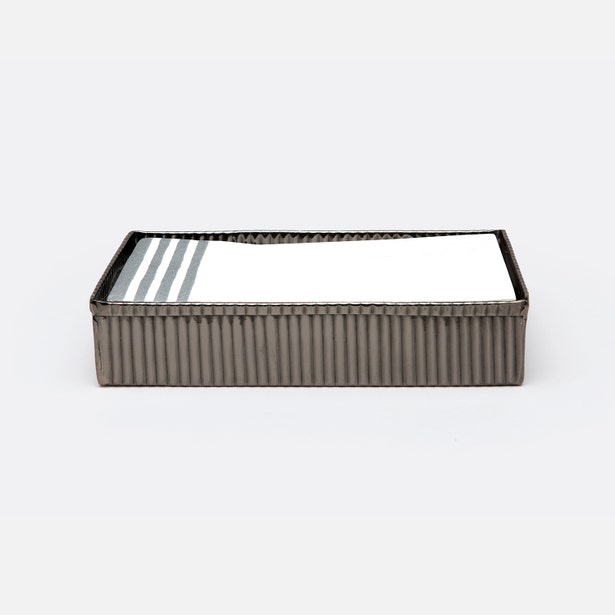 Pigeon & Poodle Redon tray in pewter, ribbed metal sides, holding folded white hand towels.