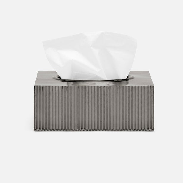 Redon tissue box close-up showing ribbed gunmetal finish with white tissue.