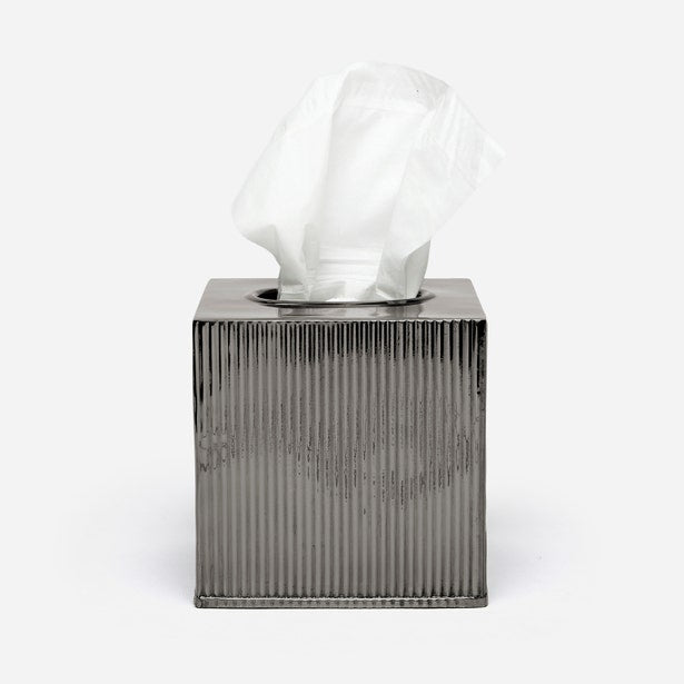 Redon tissue box in gunmetal, ribbed square form with tissue pulled through top opening.