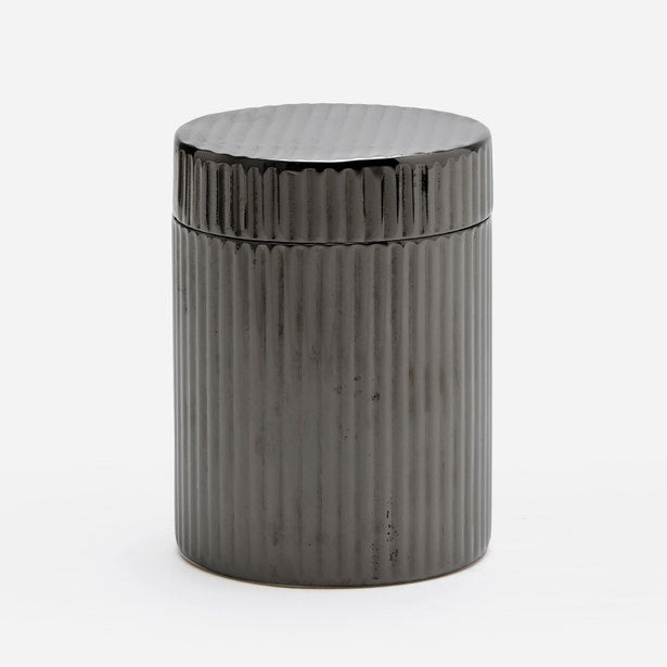 Pigeon & Poodle Redon bath canister in gunmetal with ribbed cylindrical form and fitted lid.