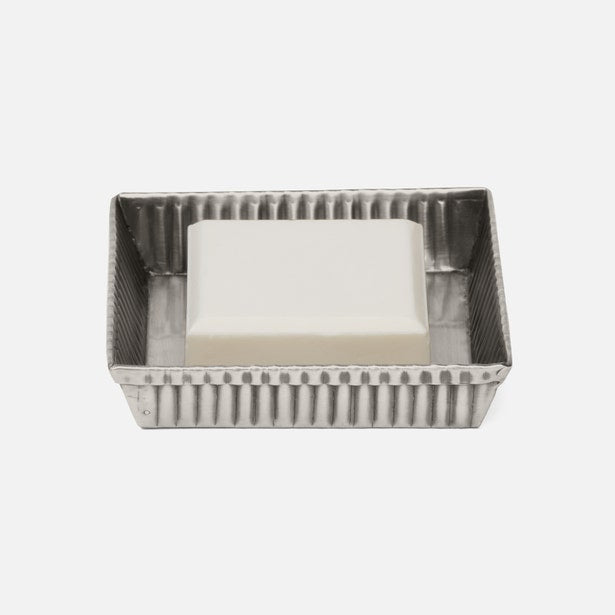 Pigeon & Poodle Redon soap dish, silver ribbed metal tray with white bar soap, overhead angle.