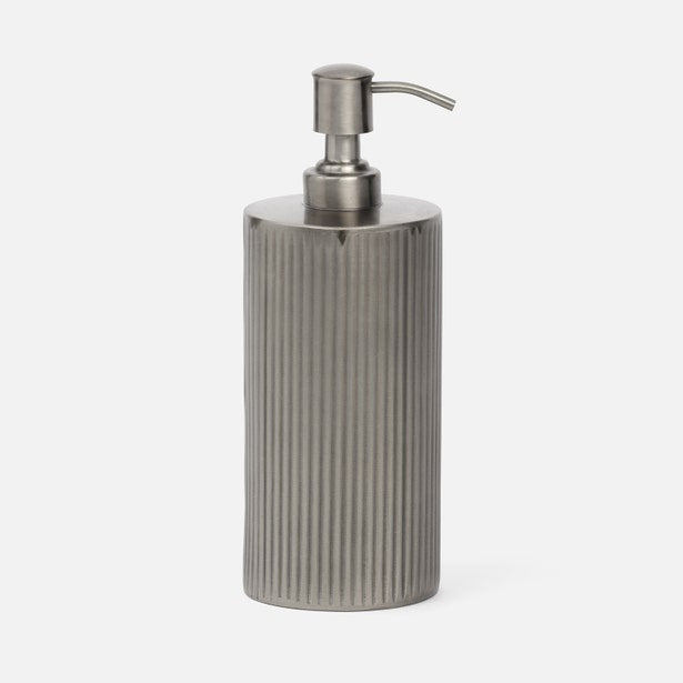 Redon soap pump in gunmetal with vertical ribbed texture and brushed pump dispenser.