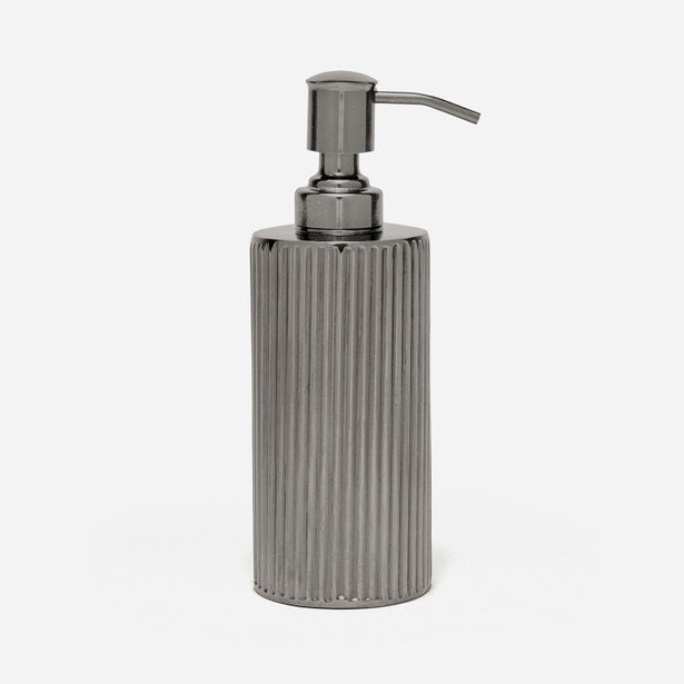 Pigeon & Poodle Redon soap pump in gunmetal with ribbed cylindrical body, angled pump spout.