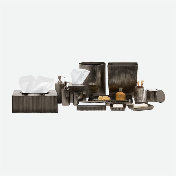 Pigeon & Poodle Redon bath accessory collection in dark graphite finish, full set styled.