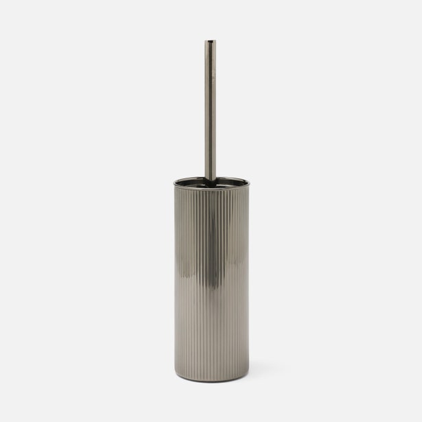 Pigeon & Poodle Redon toilet brush holder in gunmetal with ribbed cylindrical canister.