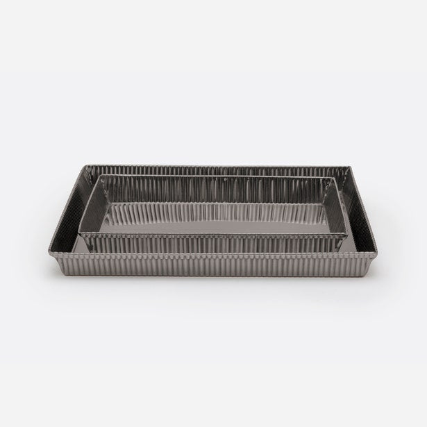 Pigeon & Poodle Redon tray in gunmetal with ribbed sides, angled view.