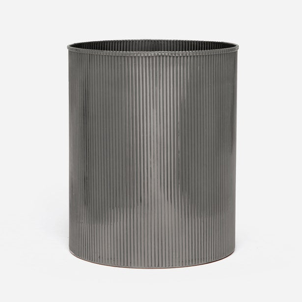 Pigeon & Poodle Redon wastebasket in gunmetal with vertical ribbed texture, front view.
