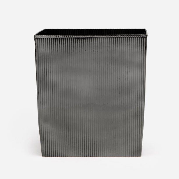 Pigeon & Poodle Redon wastebasket in gunmetal with vertical ribbed texture.