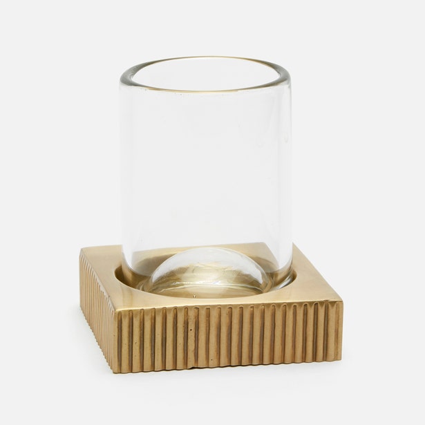 Pigeon & Poodle Redon tumbler set with clear glass and ribbed brass square base.