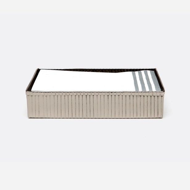 Pigeon & Poodle Redon tray in nickel, holding folded white and gray striped hand towels.