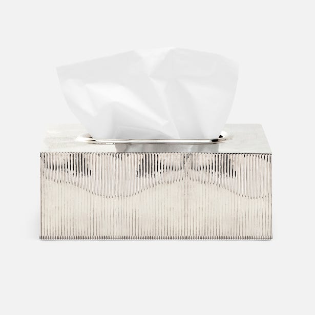 Pigeon & Poodle Redon tissue box, silver ribbed metal with scalloped detail, tissue extended.