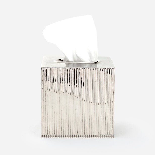 Pigeon & Poodle Redon tissue box in polished nickel with vertical ribbed detailing.