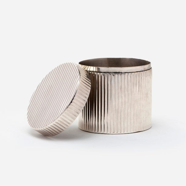 Pigeon & Poodle Redon bath canister open, showing ribbed nickel exterior and smooth interior.