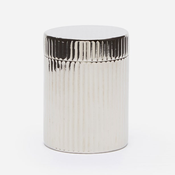 Redon bath canister close-up showing polished nickel finish and vertical ribbed texture.