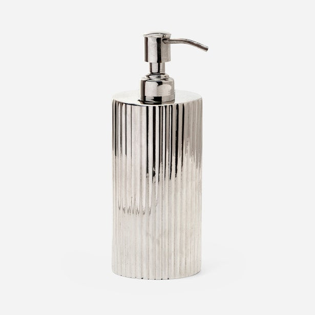 Pigeon & Poodle Redon soap pump in polished nickel with ribbed cylindrical body.