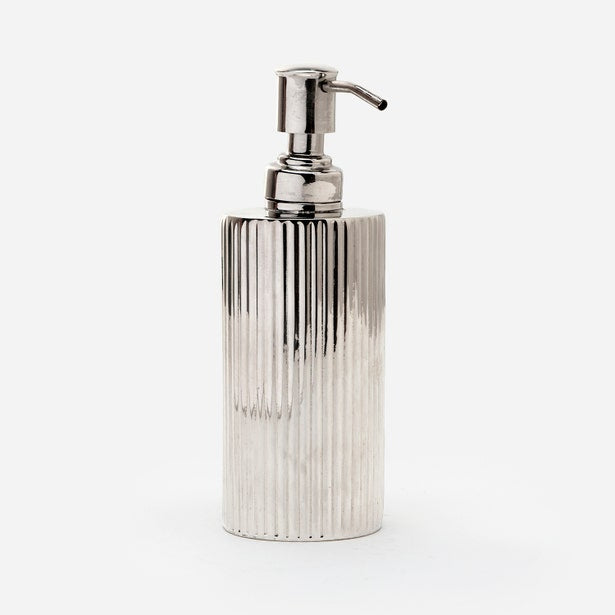 Pigeon & Poodle Redon soap pump in polished nickel with ribbed cylindrical body.