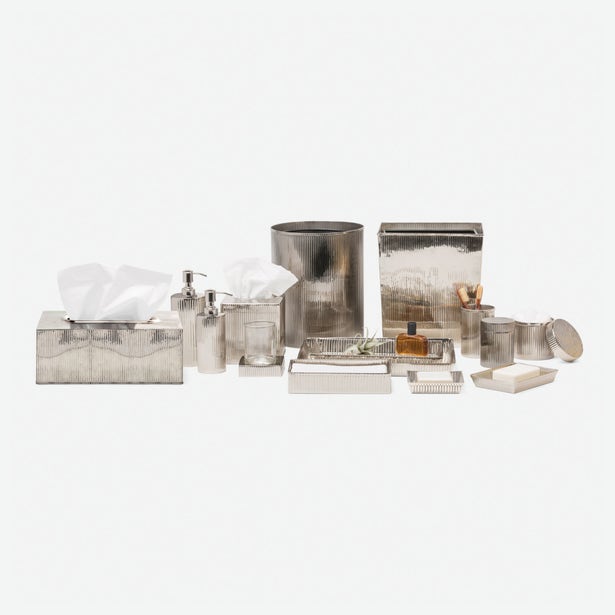 Silver-toned Pigeon & Poodle Redon bath accessories collection displayed as a styled group.