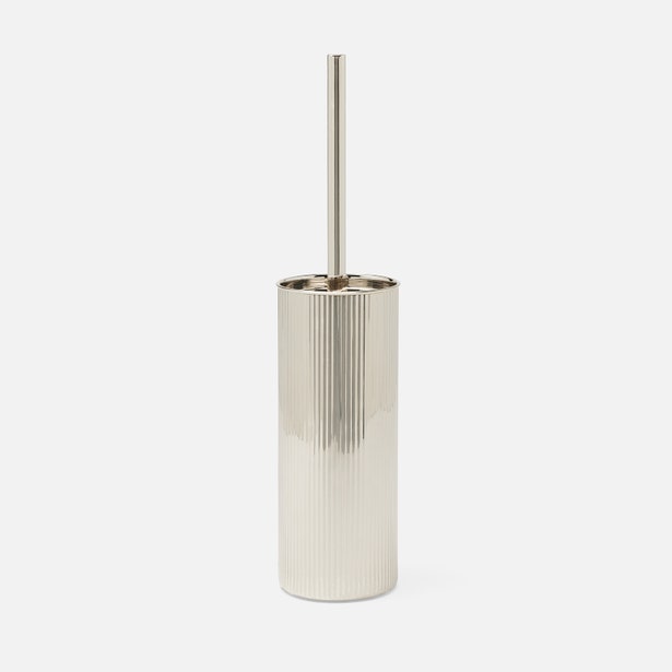 Pigeon & Poodle Redon toilet brush holder in polished nickel with ribbed cylindrical body.