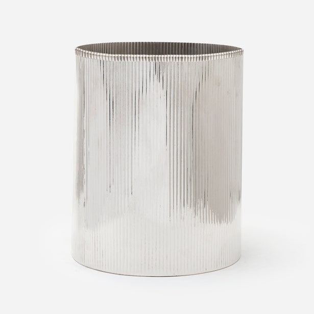 Pigeon & Poodle Redon wastebasket in polished silver with vertical ribbed detailing.