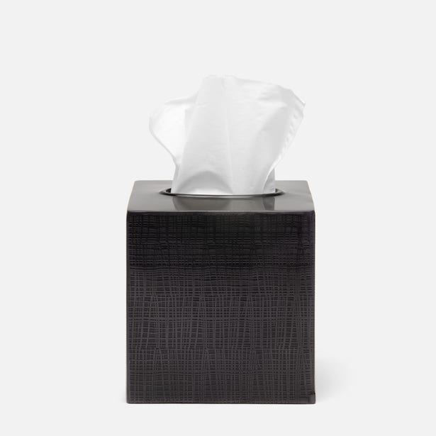 Pigeon & Poodle Remy tissue box in charcoal woven-texture finish with chrome ring detail.