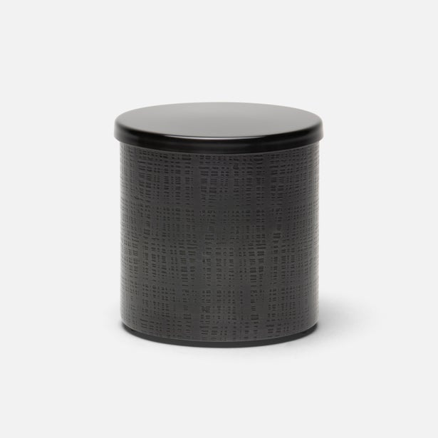 Pigeon & Poodle Remy bath canister in black with woven linen-texture body and glossy lid.