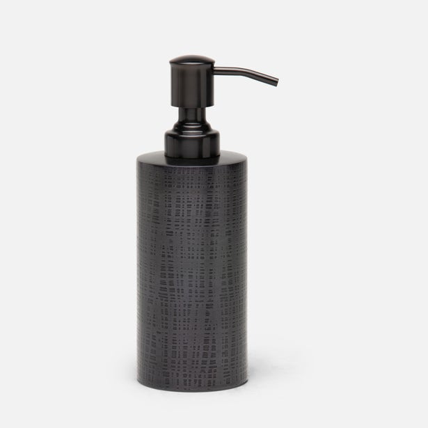 Pigeon & Poodle Remy soap pump in charcoal with woven-texture body and bronze pump.