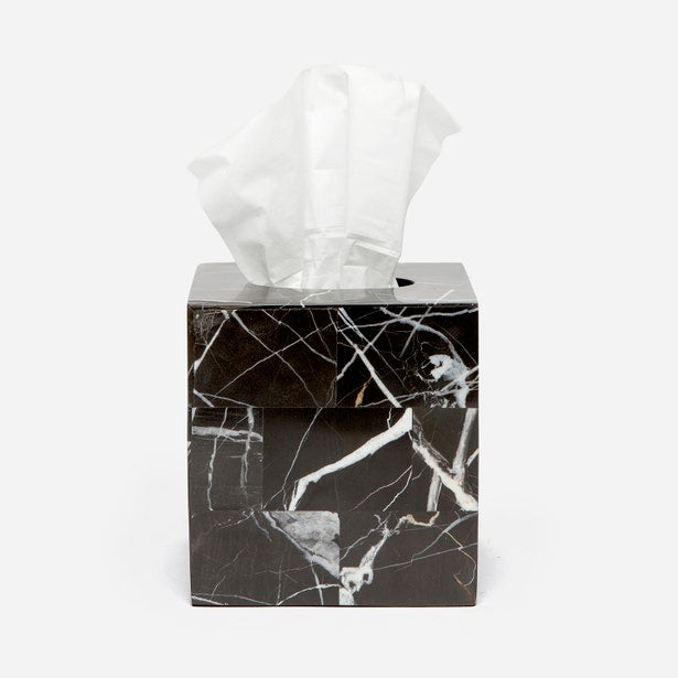 Pigeon & Poodle Rhodes tissue box in black marble with white veining, tissue extended.