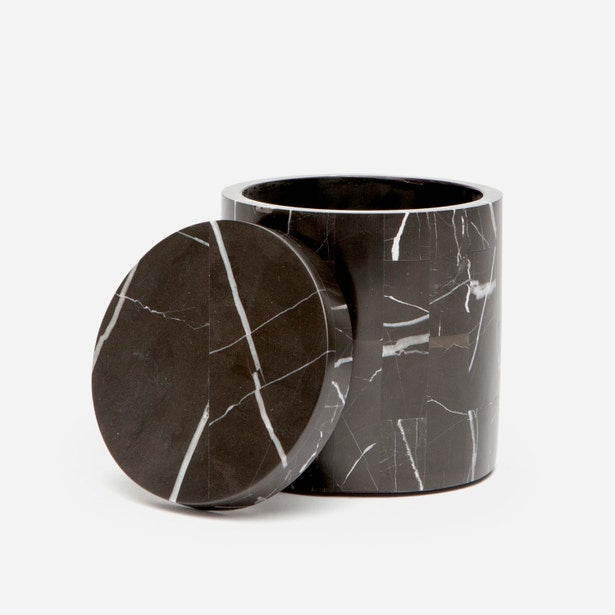 Pigeon & Poodle Rhodes bath canister in black marble with white veining, lid ajar.