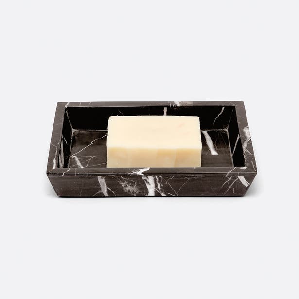 Pigeon & Poodle Rhodes soap dish in dark marble with white veining, holding a bar of soap.