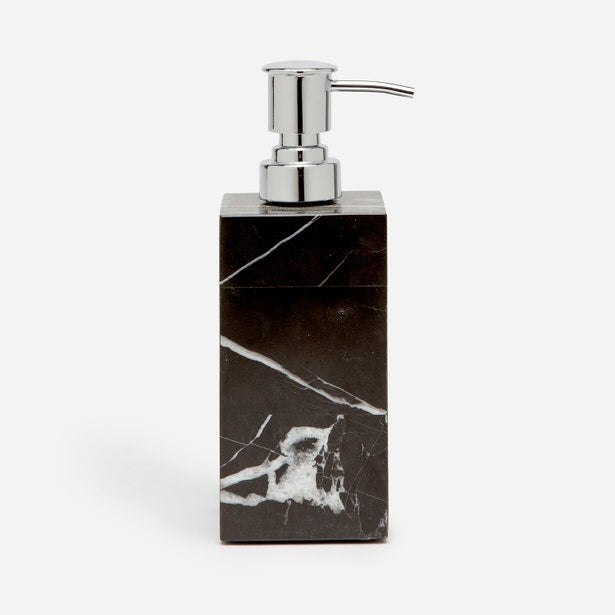 Pigeon & Poodle Rhodes soap pump in black marble with white veining and chrome pump top.