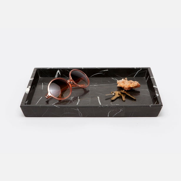 Pigeon & Poodle Rhodes tray in black marble with white veining, styled with sunglasses and keys.