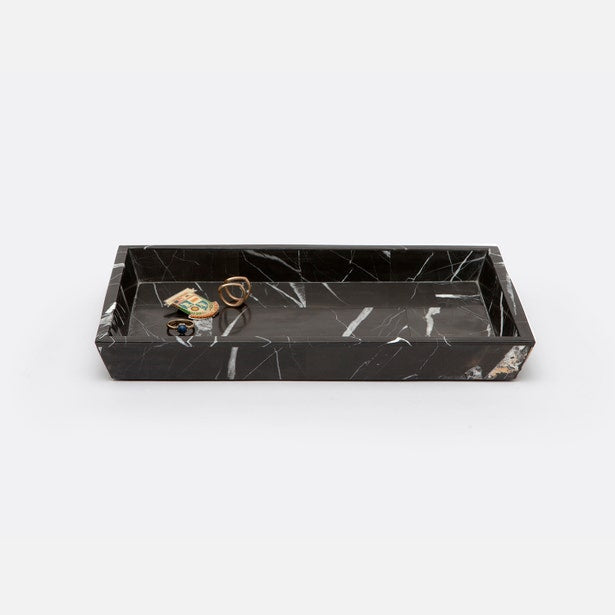 Pigeon & Poodle Rhodes tray in black marble with white veining, styled with small jewelry.