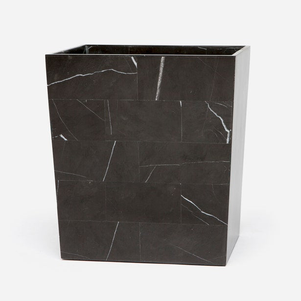 Pigeon & Poodle Rhodes wastebasket in black marble with white veining, tile pattern.
