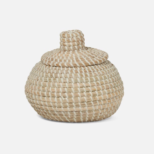 Pigeon & Poodle Roslyn round lidded basket, close-up of woven natural and white pattern.