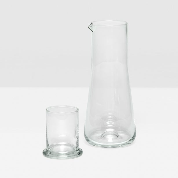Pigeon & Poodle Salford clear glass carafe with matching tumbler on neutral background.