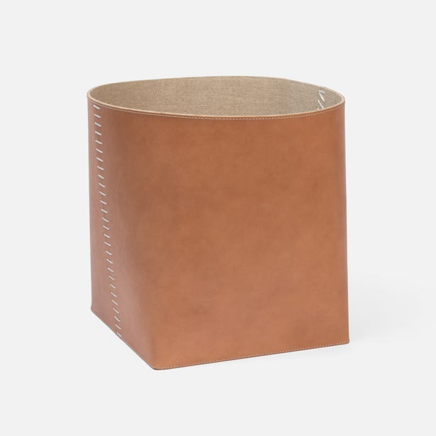 Pigeon & Poodle Salo basket in tan leather with contrast whipstitch detail, square form.